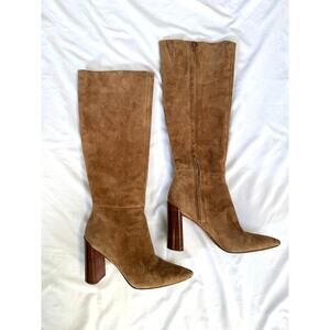 Vince Camel Brown Tan Suede Leather Pilar Knee High Stacked Heeled Boots, 7.5